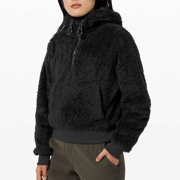 lululemon athletica Jackets & Blazers - Lululemon Oh So Sherpa Half Zip Black Cotton Jersey Plush Fleece Teddy Jacket